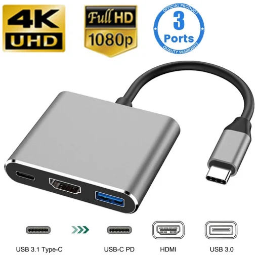 3-в-1 USB HUB USB C на HDMI-совместимый сплиттер HUB Type-c на