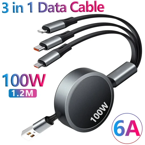 3 в 1, выдвижной, USB C, 6А, 100 Вт, бы