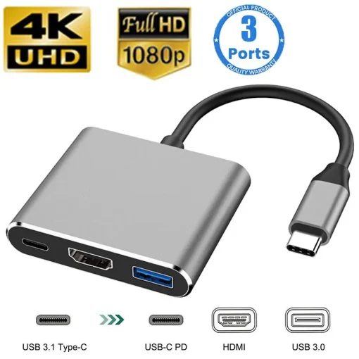 Адаптер-концентратор USB C HUB 3в1 type C 3.0 в HDMI