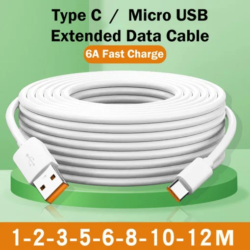 Кабель Micro USB 1M-12M, Type C с быстрой зарядкой 6A