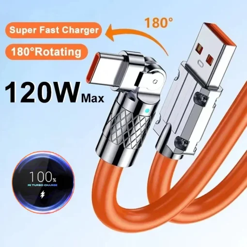 Кабель USB Type C 120 Вт 6 А для быстрой зарядки 180 градусов