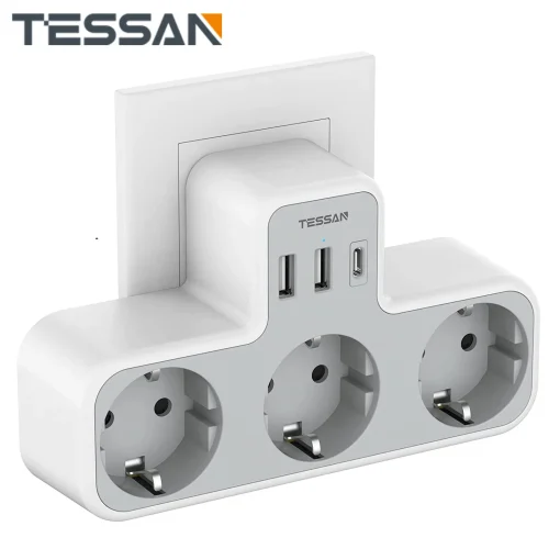 Сетевой фильтр TESSAN EU с 3 розетками Переменного тока + 2 порта USB + 1 типа C