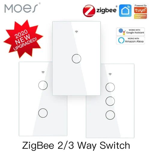 Умный выключатель MOES ZigBee Touch с нейтральюбез Neutral, US Wall Switch без конденсатора Smart LifeTuya