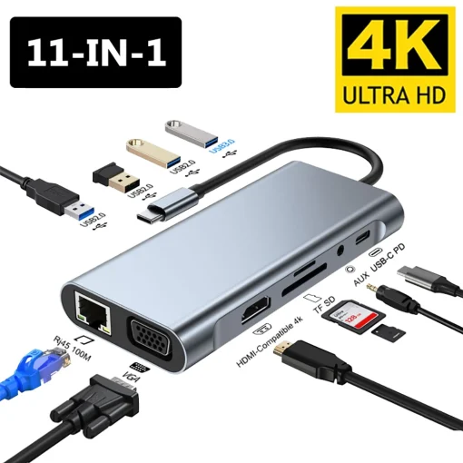 Универсальный адаптер USB C 4K 30 Гц, тип C с HDMI, USB 3.0, 11 в 1, для MacBook Pro Air