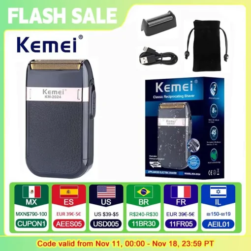 Kemei KM-2024 Акум.бритва, USB, доп.нож, 2 ножа