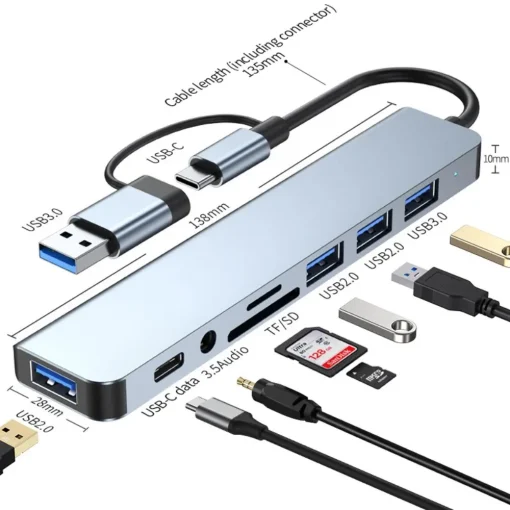 USB C хаб USB разветвитель 8 в 2 USB удлинитель с 4 USB-портом, 1 USBC-порт, TFSD-карт-ридером, аудиовыходом, совместим с MacBook