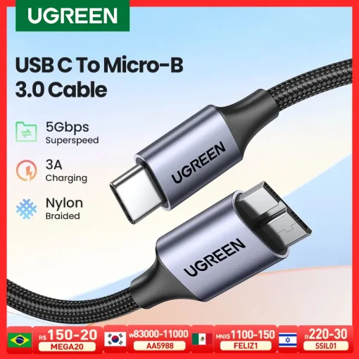 Кабель Ugreen USB C - Micro B 3.0, 5 Гбитс, 3 А, для синхронизации данных