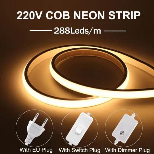 Светодиодная лента COB Neon 220 В высокой яркости, диммируемая, 288 светодиодовм, водонепроницаемая