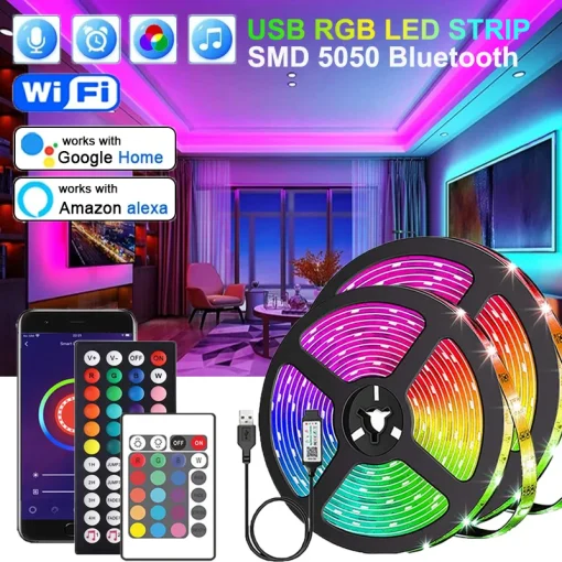 Светодиодная лента с Bluetooth, 5050 SMD, USB, Alexa, WiFi RGB