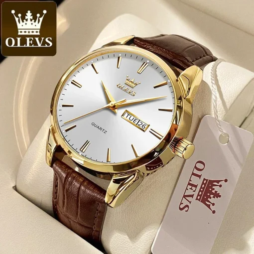 Часы OLEVS Classic Quartz для мужчин, водонепроницаемые, кожаный ремешок, календарь, спортивные, деловые, кварцевые наручные часы, ТОП-бренд, 6898