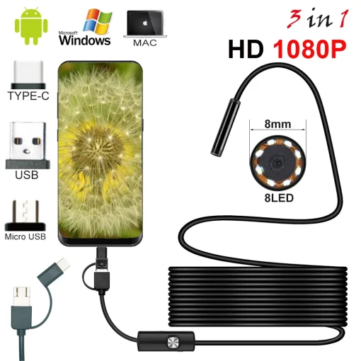 Эндоскоп 8мм 1080P HD USB с 8 LED